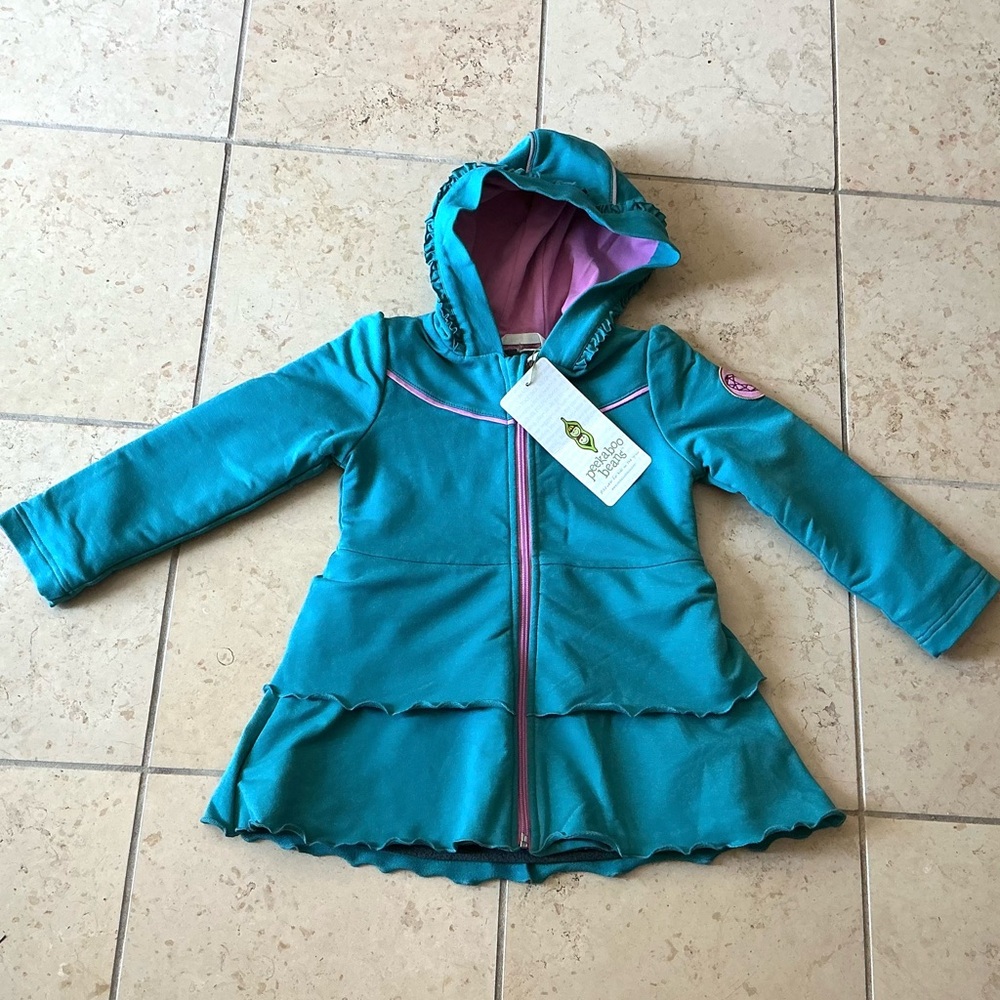 NWT Peekaboo Beans Teal Hooded Jacket with Ruffle Hem size 3 Toddler